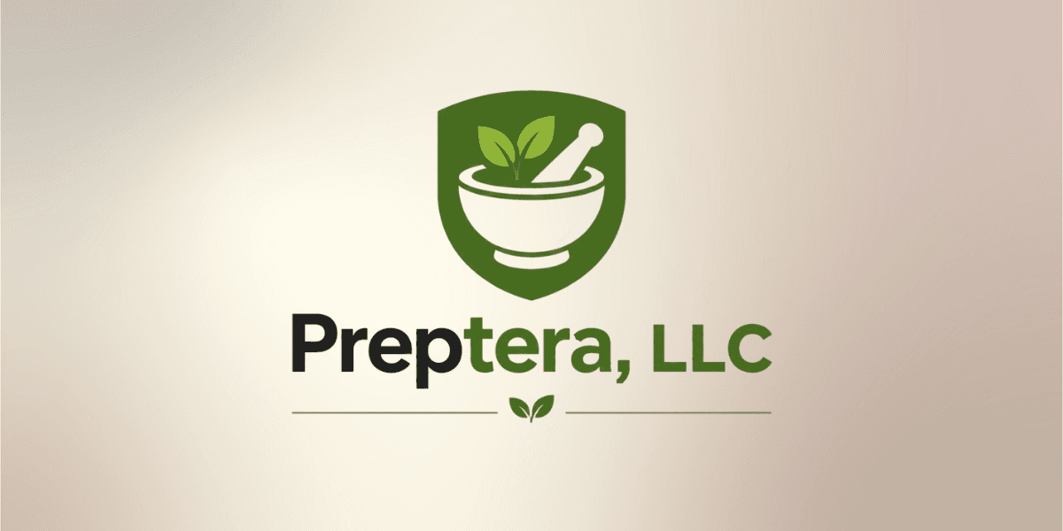 Preptera LLC logo featuring a mortar and pestle with green leaves representing personalized kitchen management solutions.