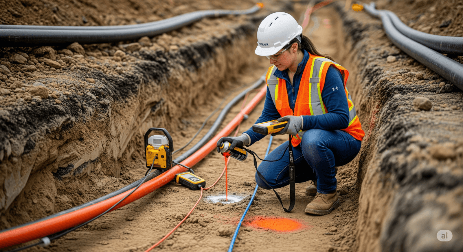 Female construction worker in safety gear marking underground utility lines with spray paint in a trench, using a measuring device at a construction site