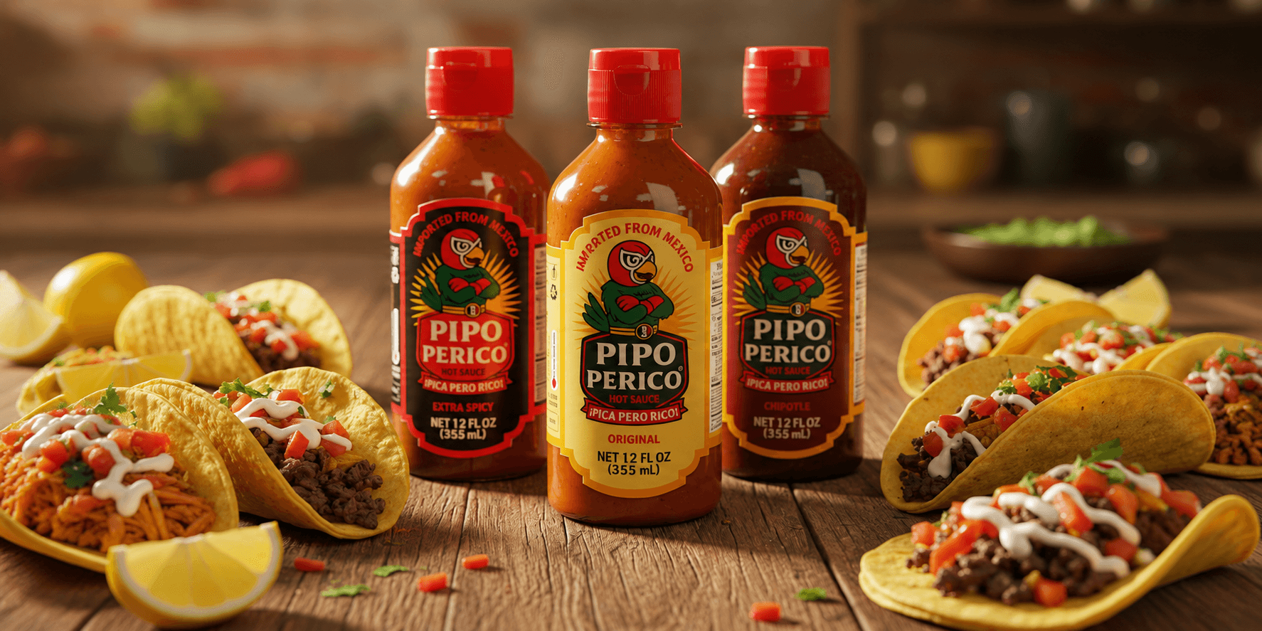 Three Pipo Perico hot sauce varieties surrounded by tacos, showcasing authentic Mexican flavor for everyday meals.
