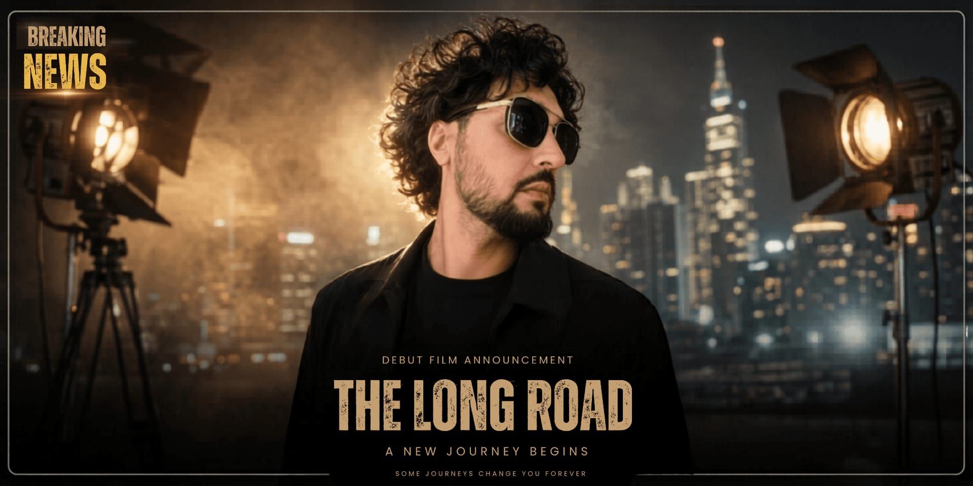 Promotional poster for “The Long Road” featuring Pravdeep Sidhu, film lights, and Melbourne city skyline at night.