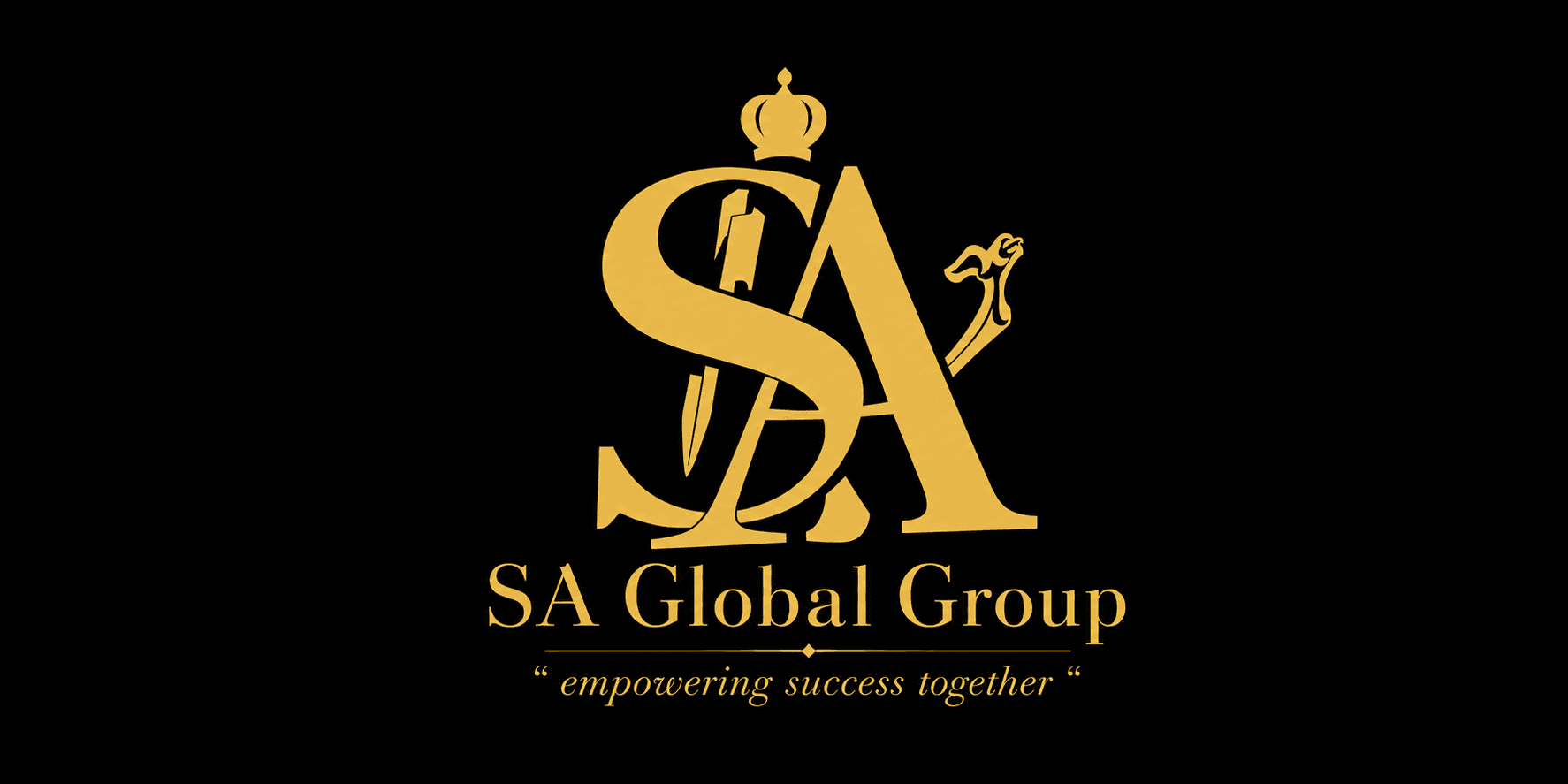 SA Global Group gold logo with crown, oil derrick, and horse details on a black background.