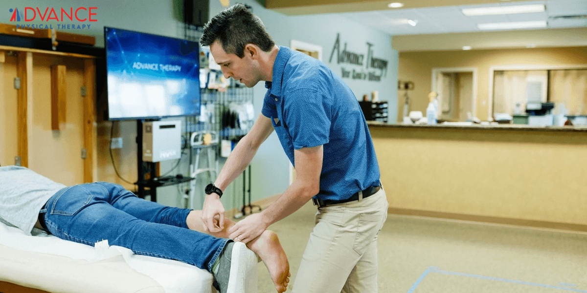 Physical therapist at Advance Physical Therapy helps patient recover from injury with personalized treatment and care.