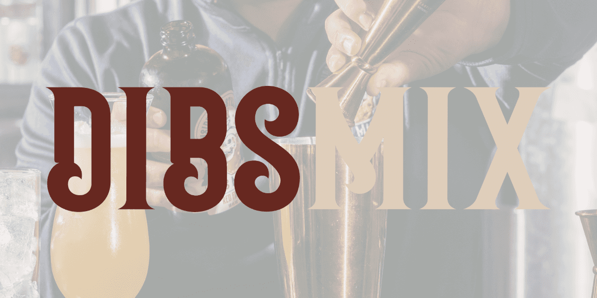 "Image featuring DIBS Mixers logo with bartender preparing cocktails, emphasizing premium syrups for bars and home bartenders."