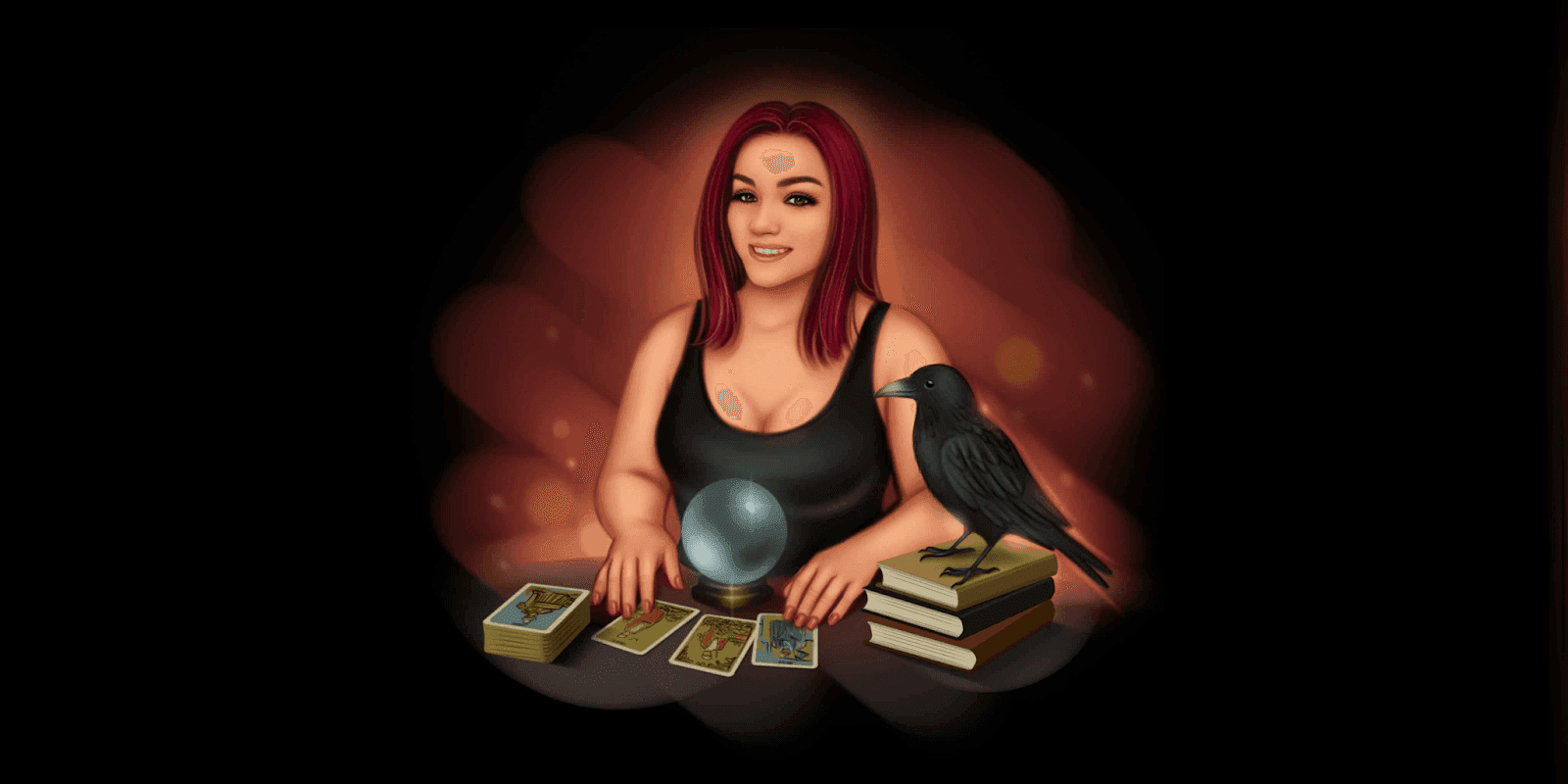 Woman with tarot cards, crystal ball, and raven on books, evoking mystical and dark storytelling themes.