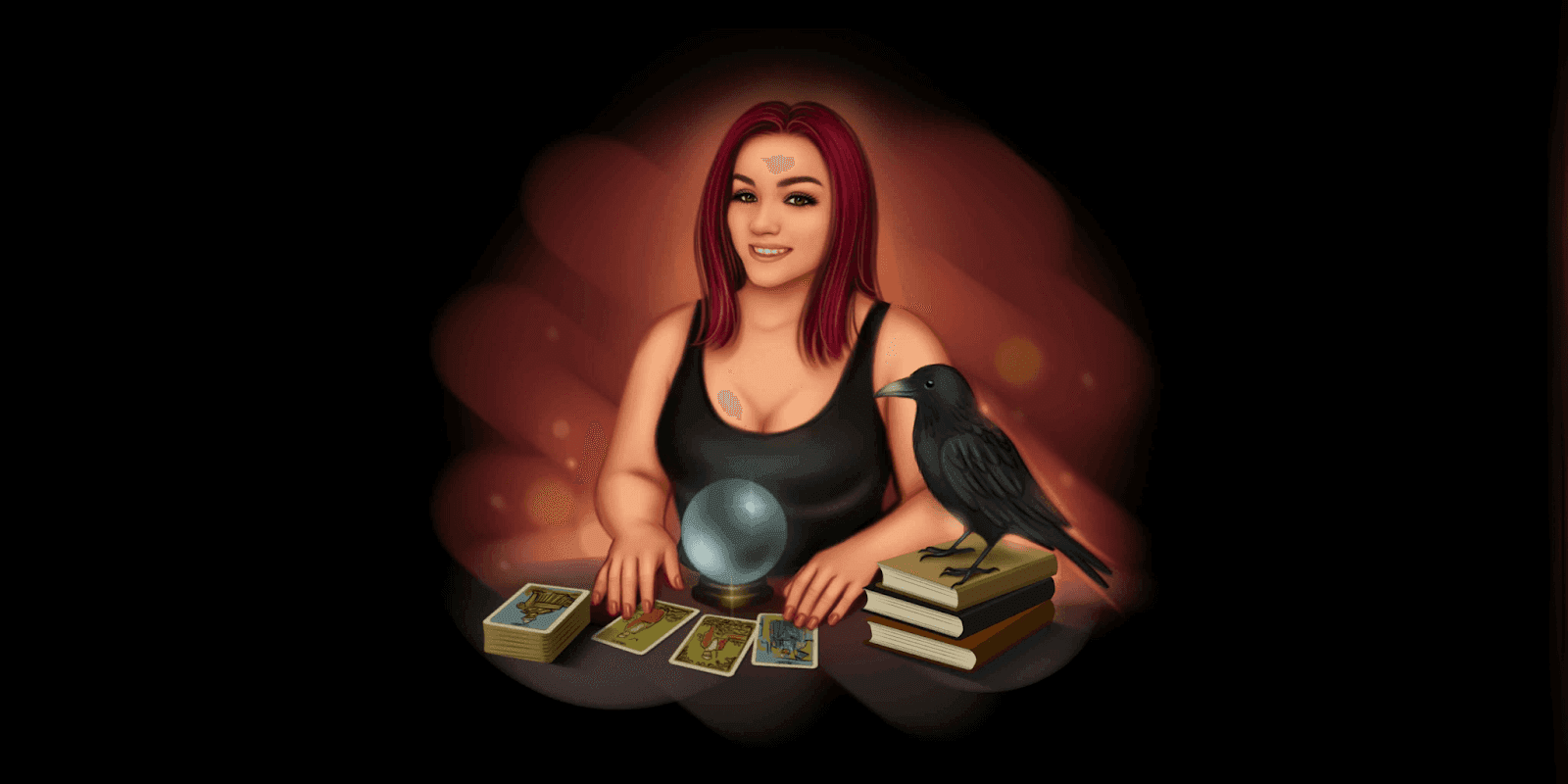 Woman with tarot cards, crystal ball, and raven on books, evoking mystical and dark storytelling themes.