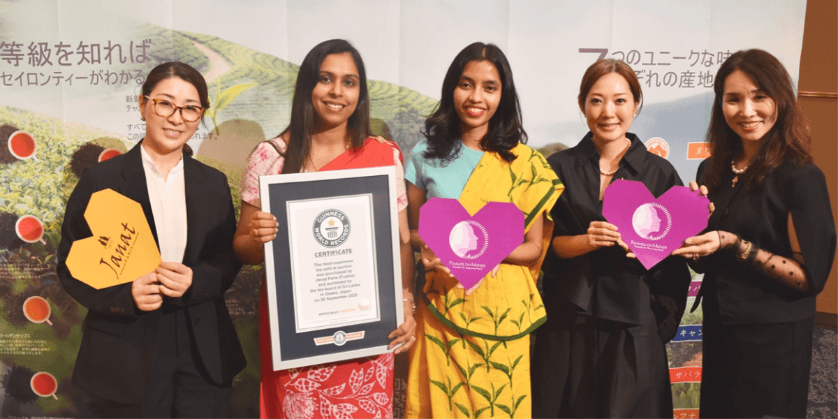 “JANAT Paris representatives celebrate Guinness World Record at Expo 2025 Osaka for the World’s Most Expensive Tea, symbolizing women’s empowerment and Ceylon tea heritage.”