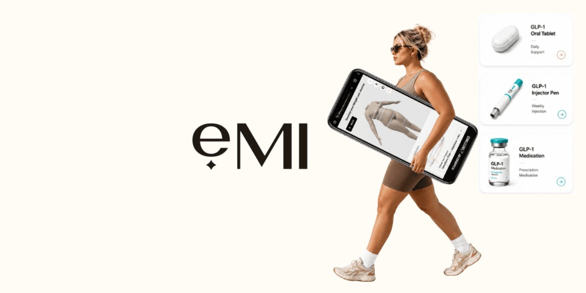 Woman beside GLP-1 medication options and a smartphone displaying eMI's AI weight loss simulator.