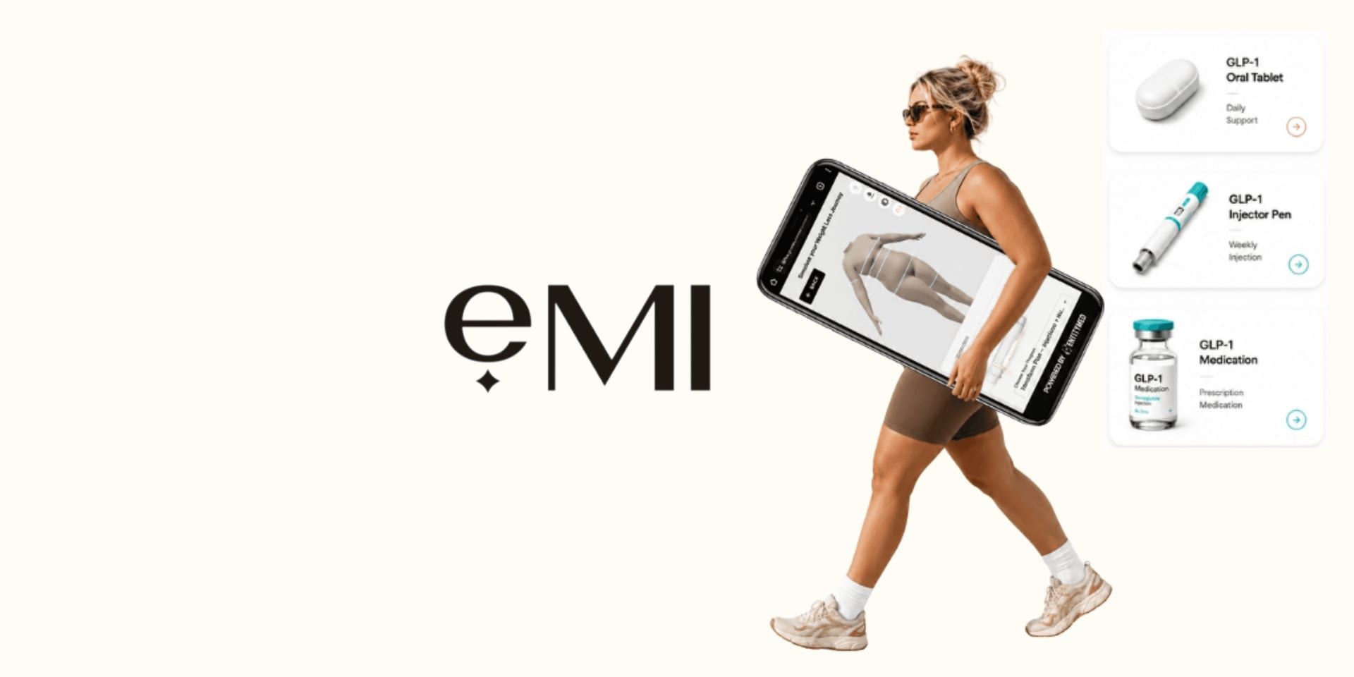 Woman beside GLP-1 medication options and a smartphone displaying eMI's AI weight loss simulator.