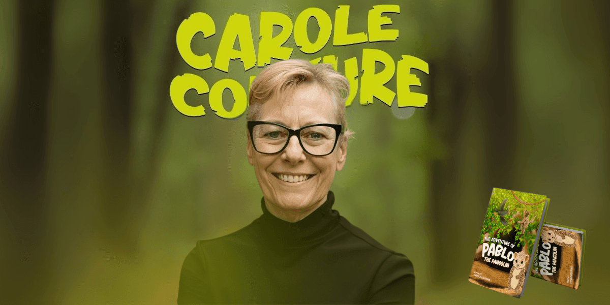 Carole Couture, author of 'The Adventure of Pablo the Pangolin,' smiling confidently against a blurred green background, with her book displayed beside her