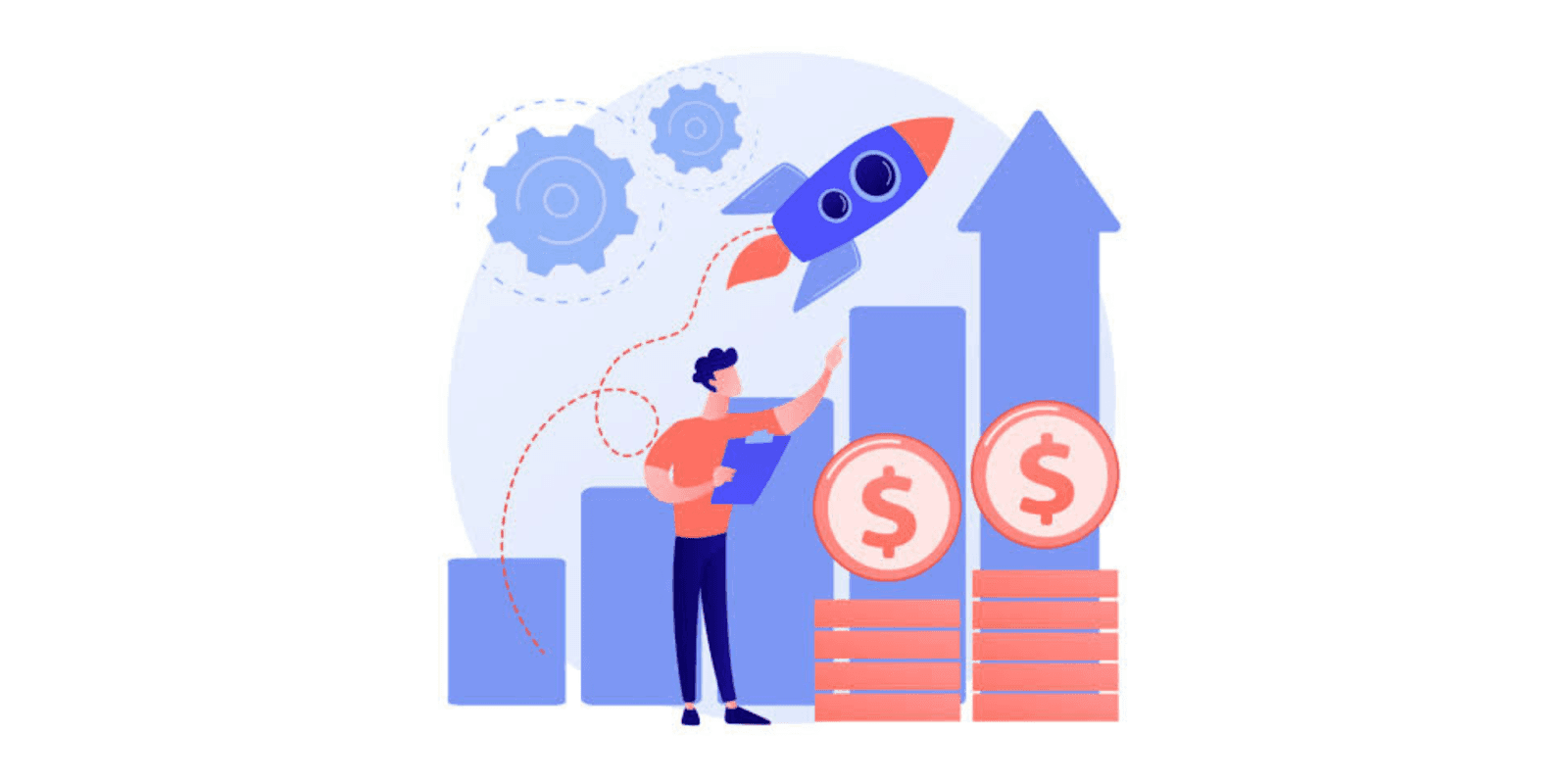 An illustration of a person holding a clipboard and pointing towards an upward financial growth graph with dollar coins, gears, and a rocket symbolizing business success, investment, and strategic growth.