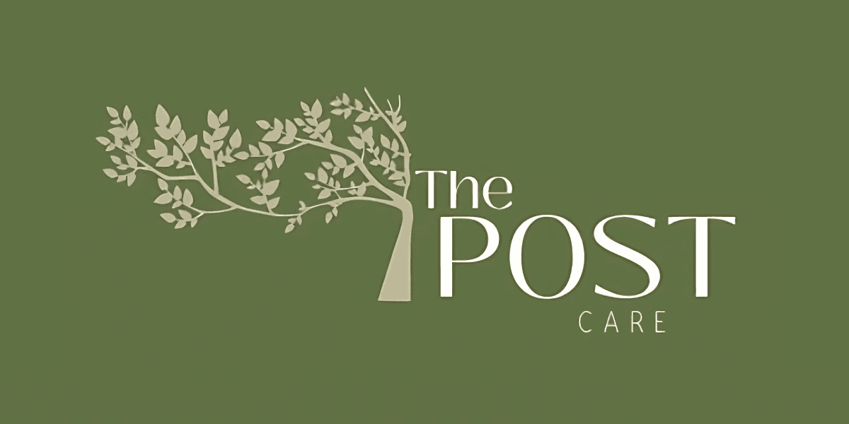 Logo for The Post Care featuring a stylized tree, symbolizing growth, support, and postpartum healing for mothers.