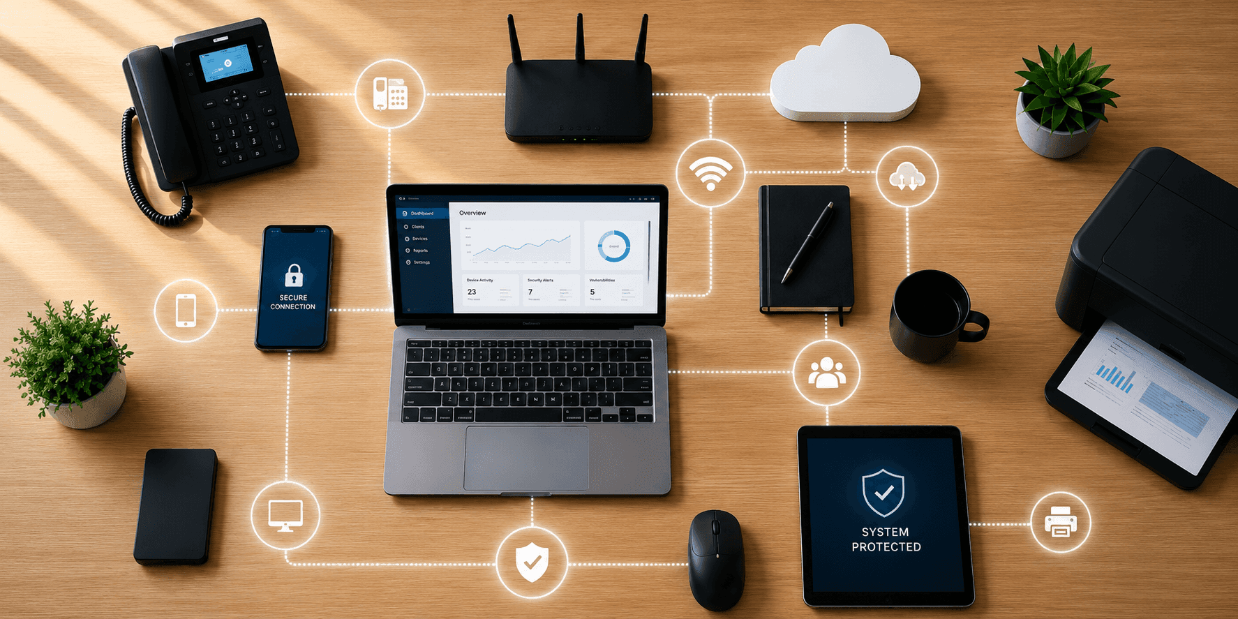 Connected office devices illustrate cybersecurity monitoring, secure networks, cloud services, and system protection on a wooden desk.