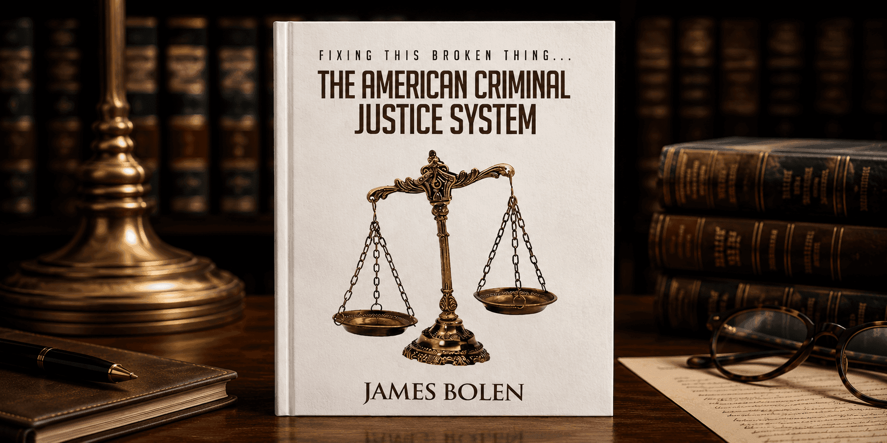 Book cover of “Fixing This Broken Thing: The American Criminal Justice System” by James Bolen with scales of justice.