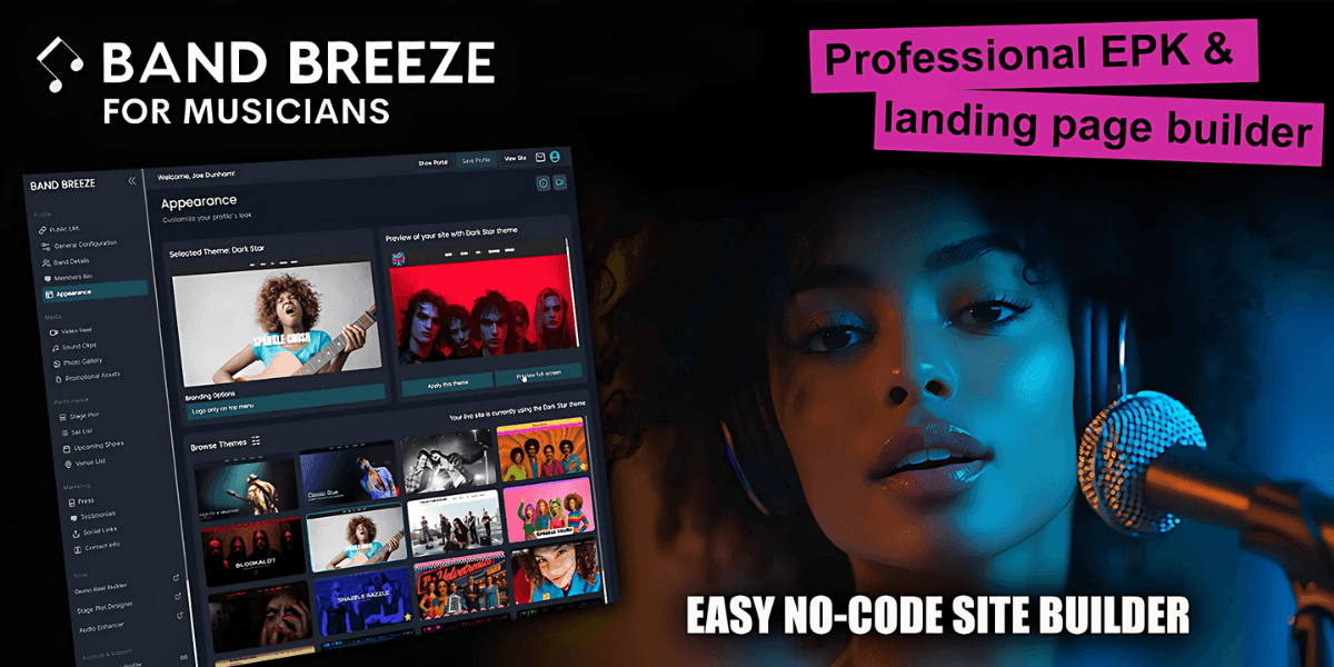 Musician using microphone beside screenshot of BAND BREEZE no-code site builder for musicians.