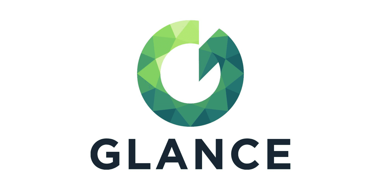 The logo of GLANCE, a geometric green design symbolizing growth and progress, with the brand name displayed in bold black letters underneath.