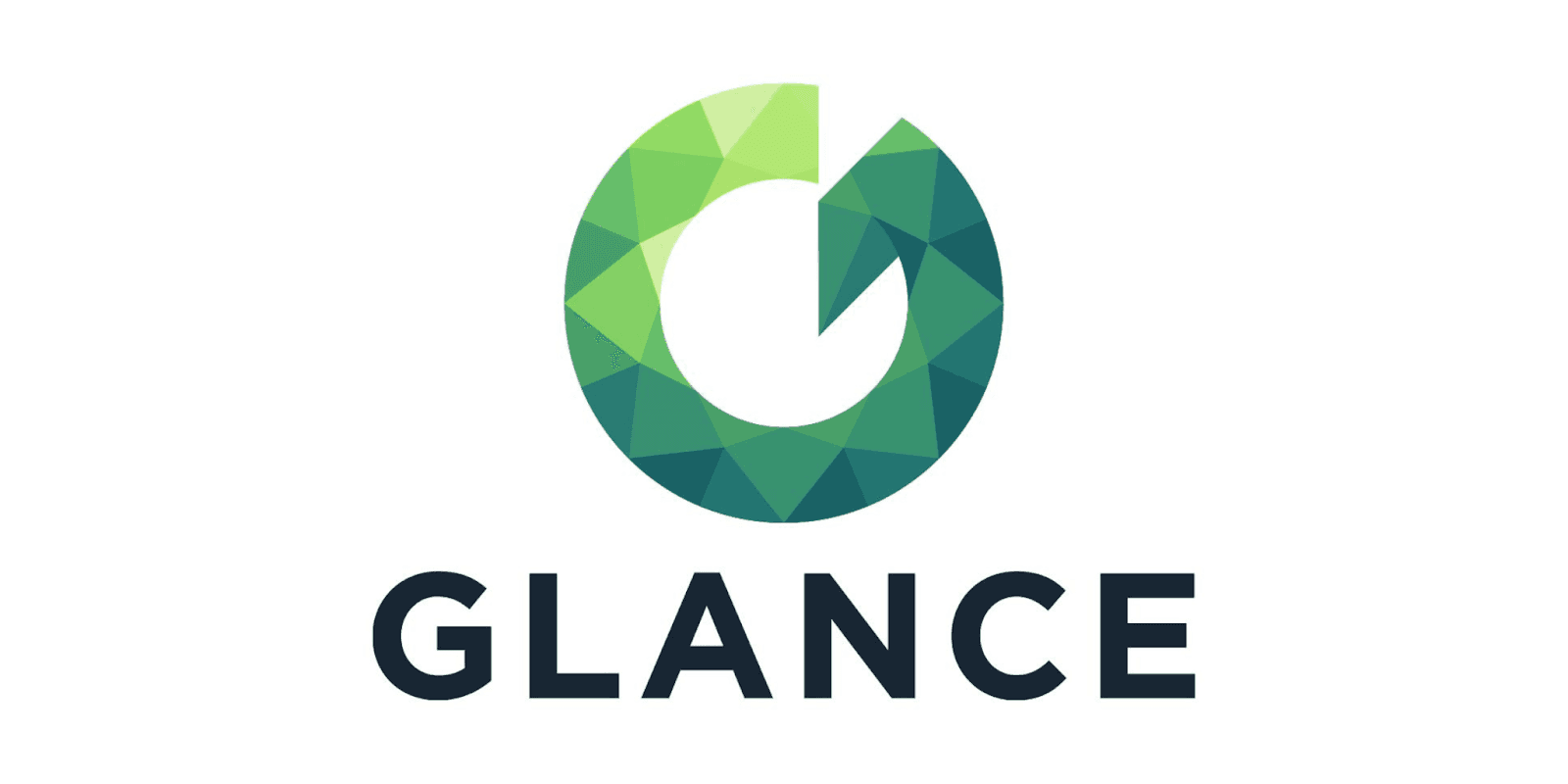 The logo of GLANCE, a geometric green design symbolizing growth and progress, with the brand name displayed in bold black letters underneath.