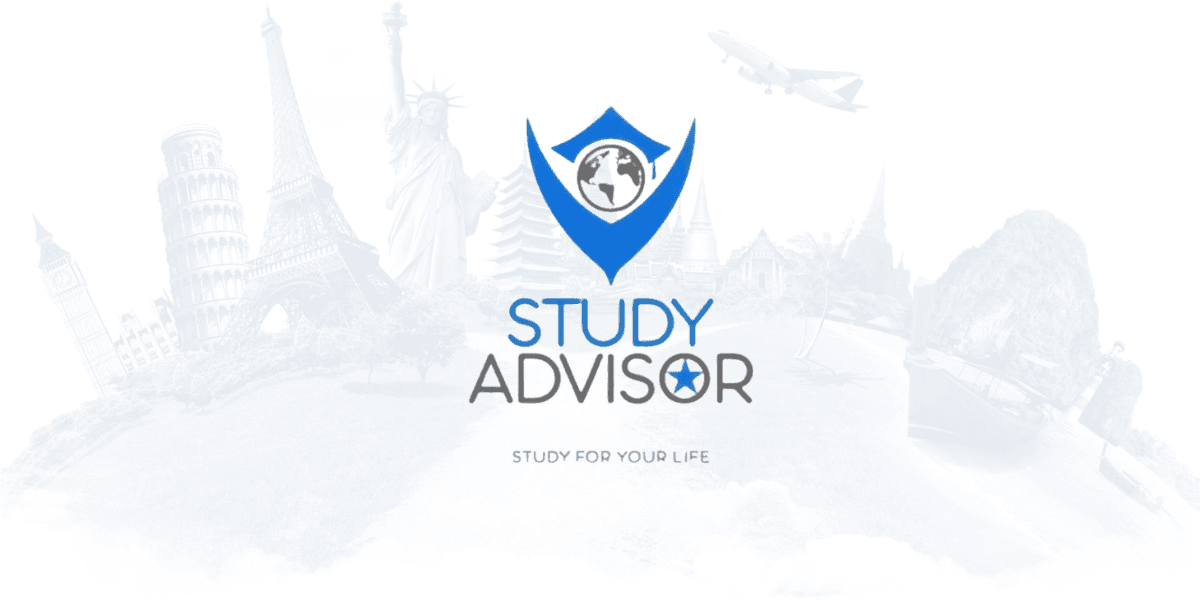 Logo for Study Advisor, featuring a globe with a graduation cap and landmarks like the Eiffel Tower, Statue of Liberty, and Big Ben in the background. The text 'STUDY ADVISOR' is displayed with the tagline 'STUDY FOR YOUR LIFE' beneath it.
