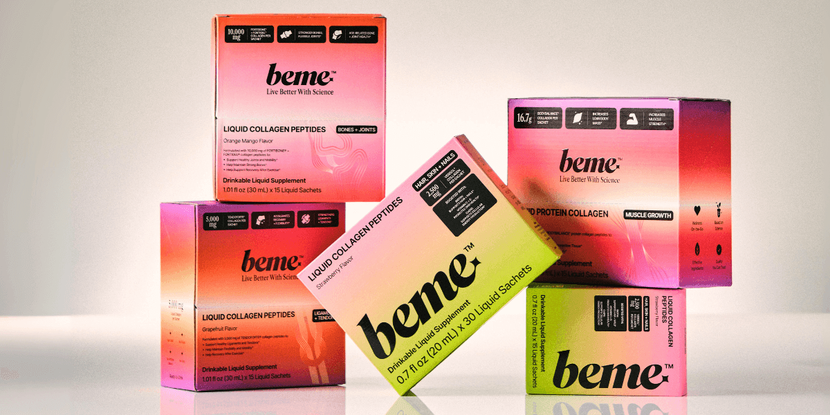 BeMe Wellness liquid supplements in tear-and-go sachets, designed for beauty, performance, and recovery on the go.