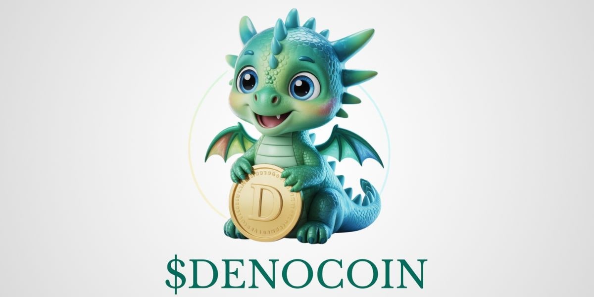 Denocoin mascot, a cute green dragon holding a coin with the letter D, representing the community-driven cryptocurrency.
