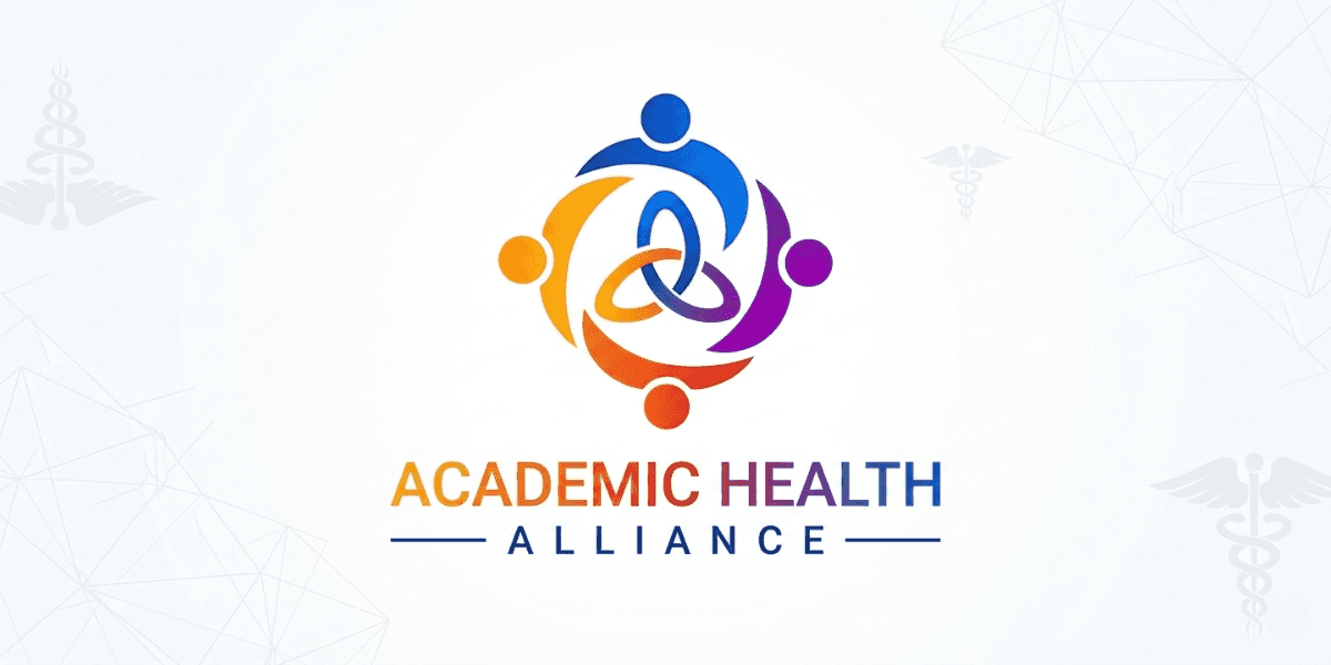Academic Health Alliance colorful logo on white background with medical symbols and geometric accents.