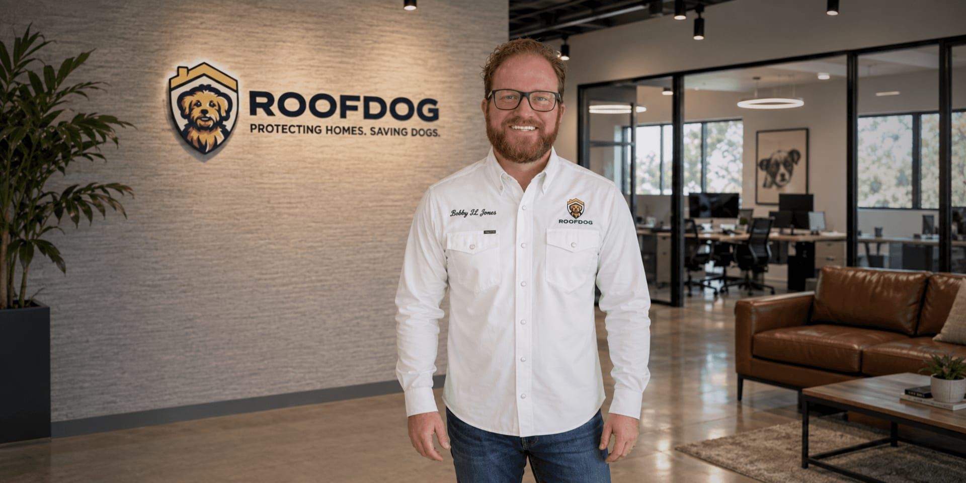 Bobby JL Jones standing in a modern office beside the RoofDog Roofing logo.