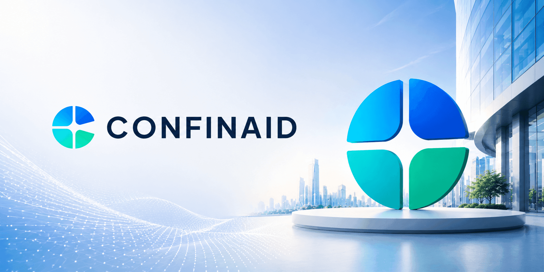 Confinaid logo beside futuristic blue and green emblem outside modern corporate building.