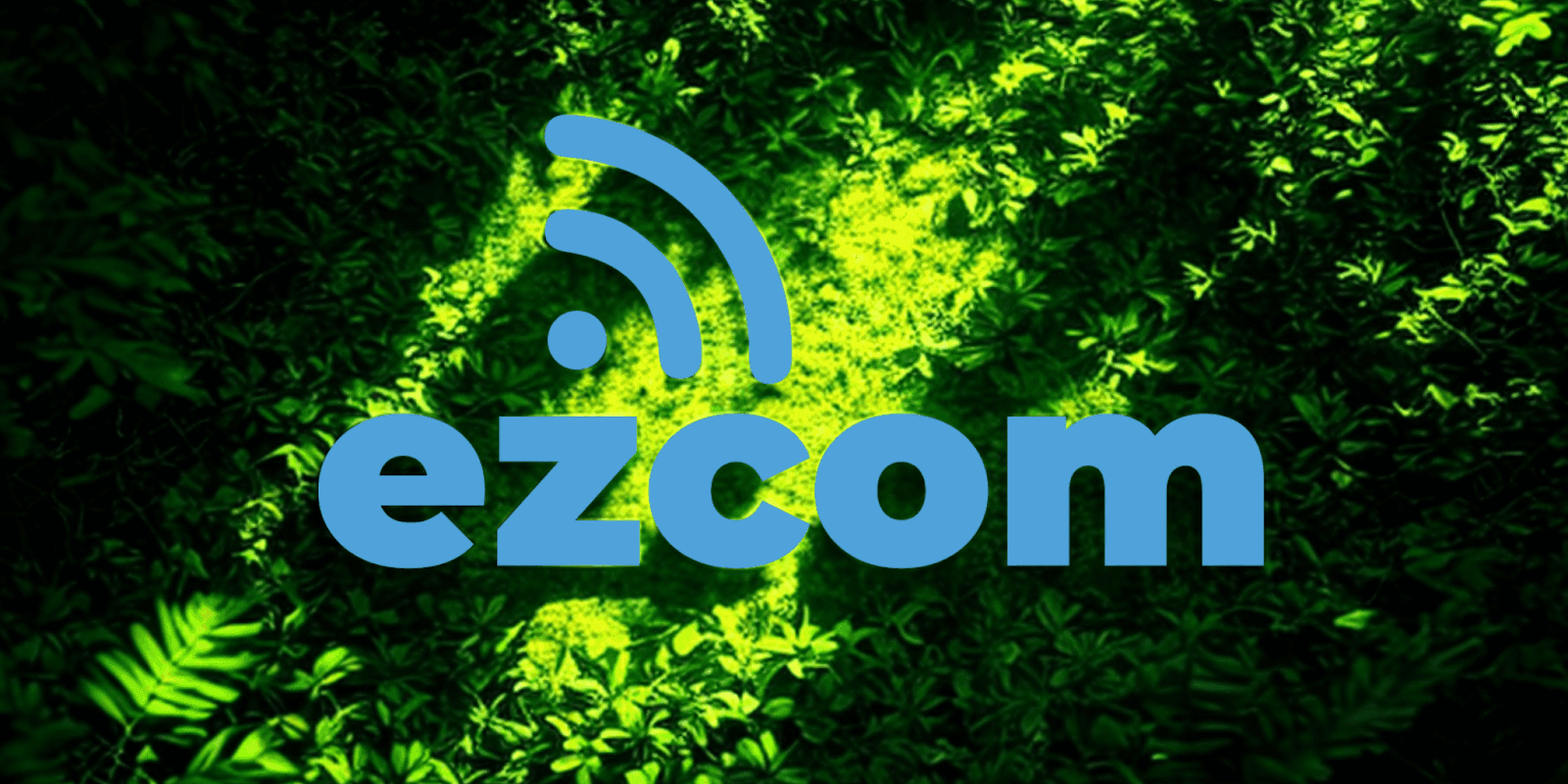 EZ-COM logo displayed on a green, leafy background, symbolizing reliable mobile internet service across the USA, Canada, and Mexico.