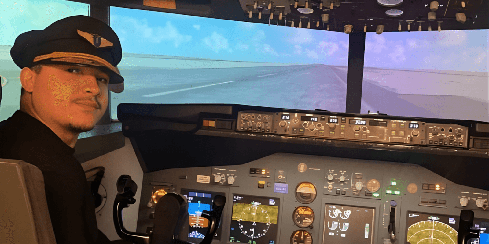 Ismail Channab in a flight simulator, showcasing Aeronova’s innovative aviation data-driven solutions for small airlines.