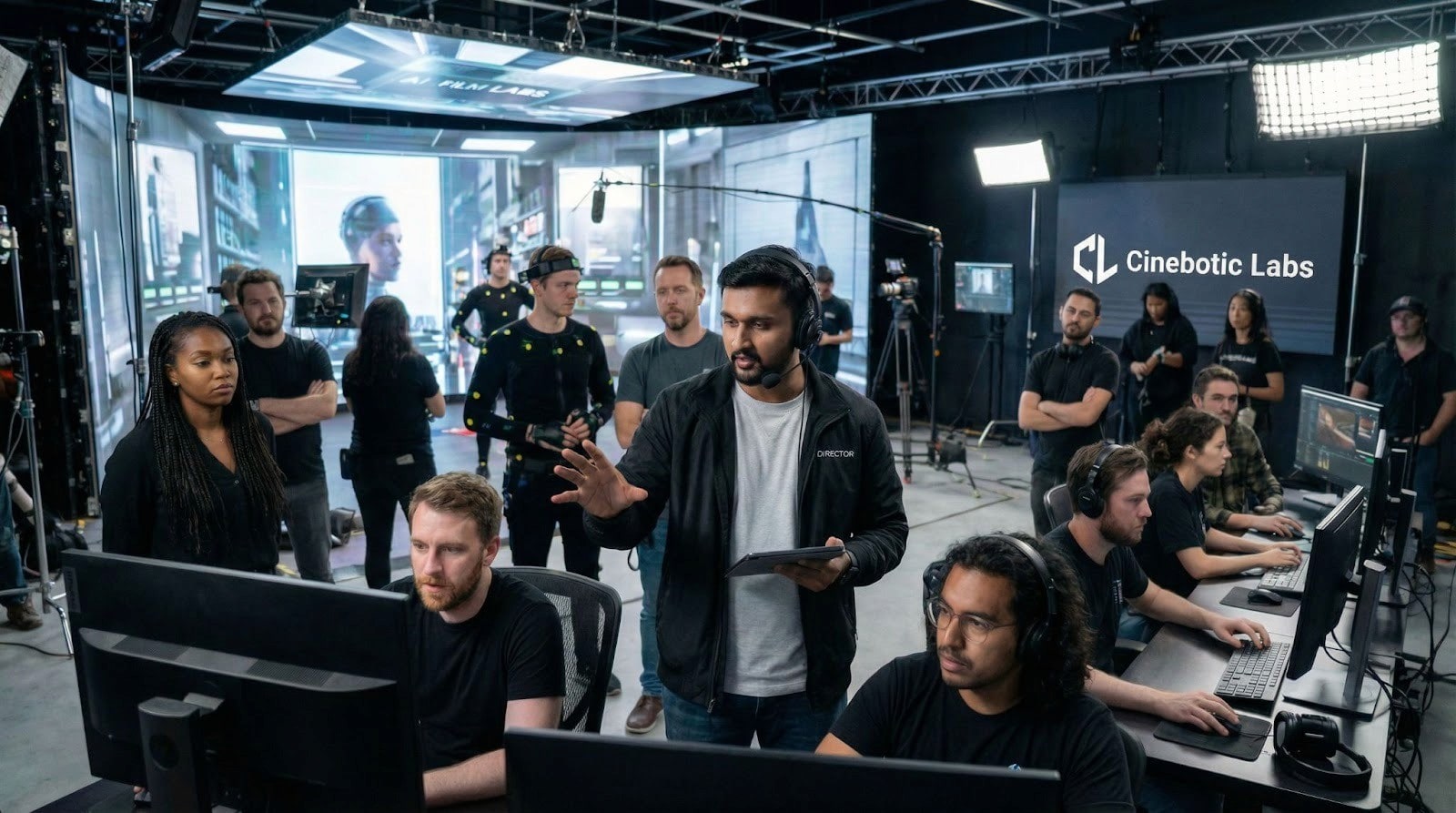 Image shows Asghar Ali Ghanchi directing a team at Cinebotic Labs, blending AI with filmmaking in a studio setting.