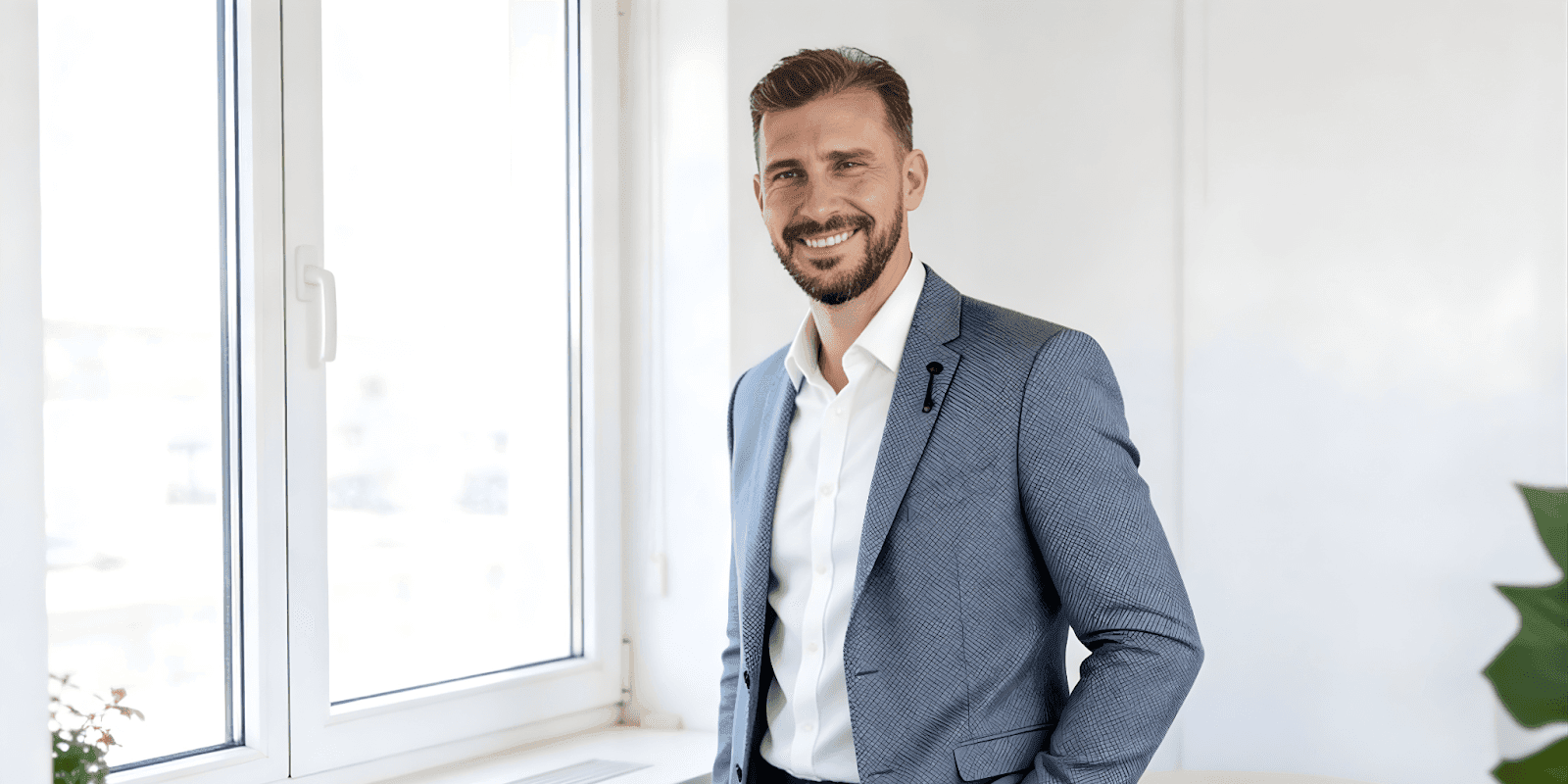 Smiling man in a suit standing near a window, representing a business professional.