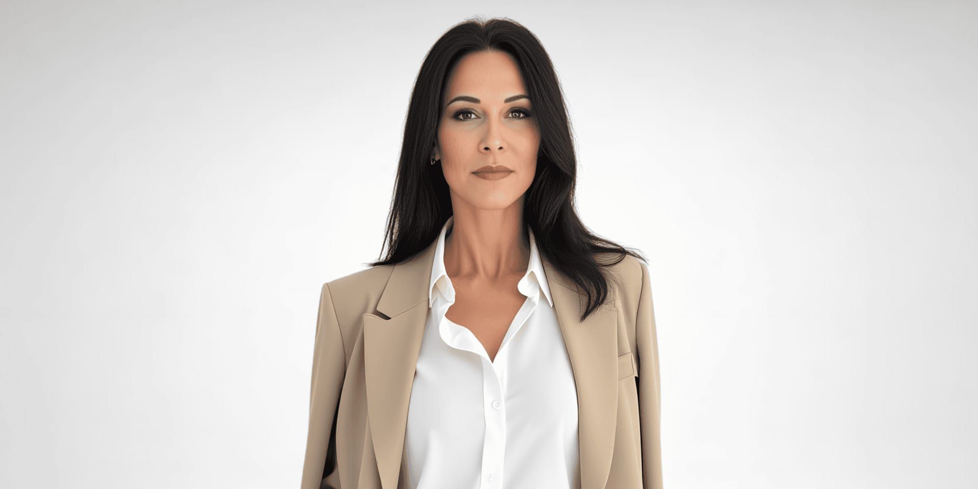 Michele Hunter wearing a beige blazer and white blouse against a light background.
