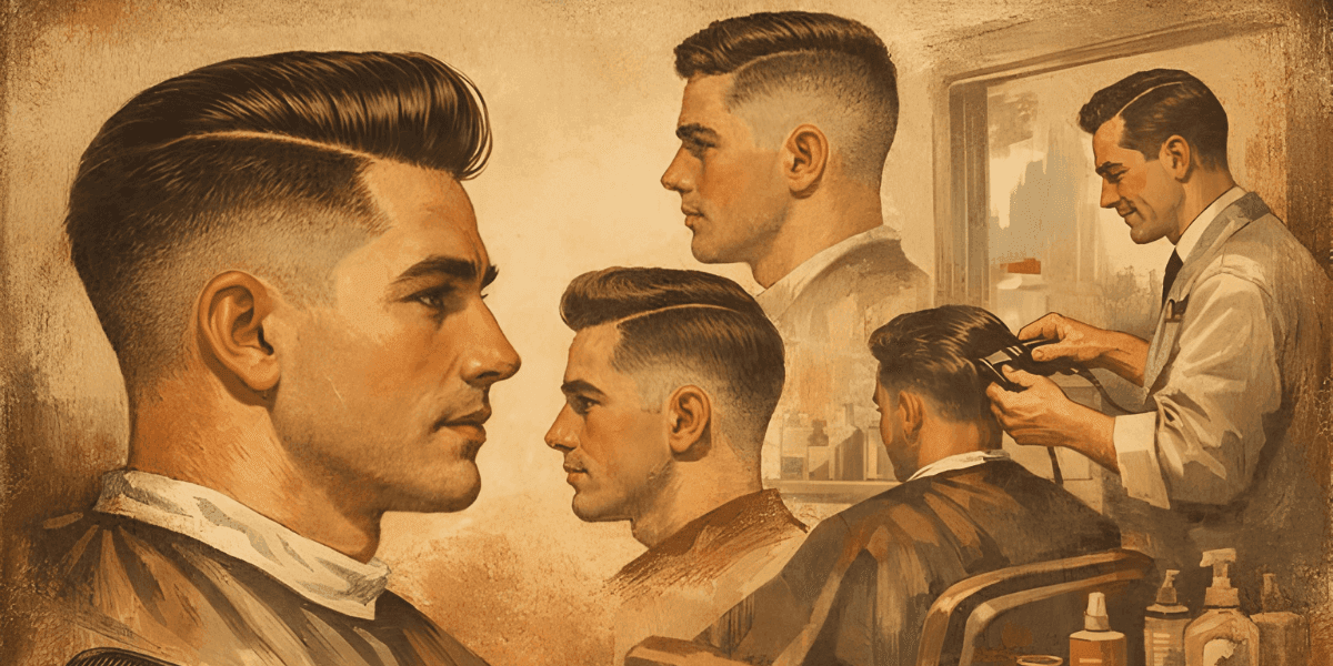 Illustration of a barber creating a classic fade haircut, highlighting traditional barbering and craftsmanship.
