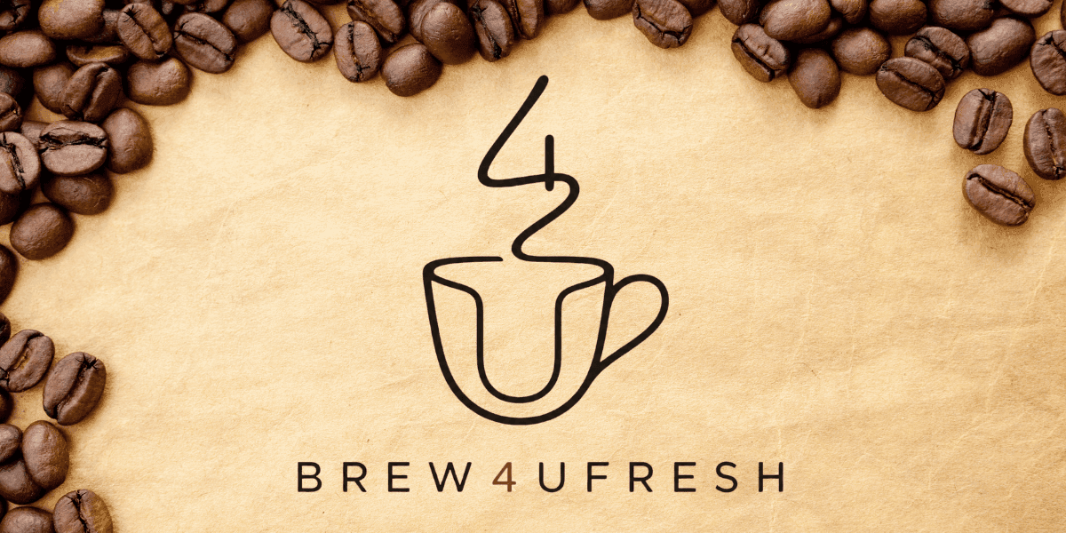 Brew4UFresh logo centered on a tan background bordered by roasted coffee beans.