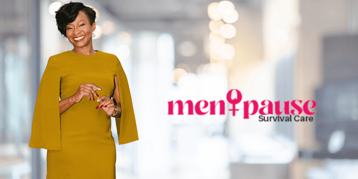 Smiling woman in mustard dress stands beside "Menopause Survival Care" logo, representing empowerment and transformation during menopause.