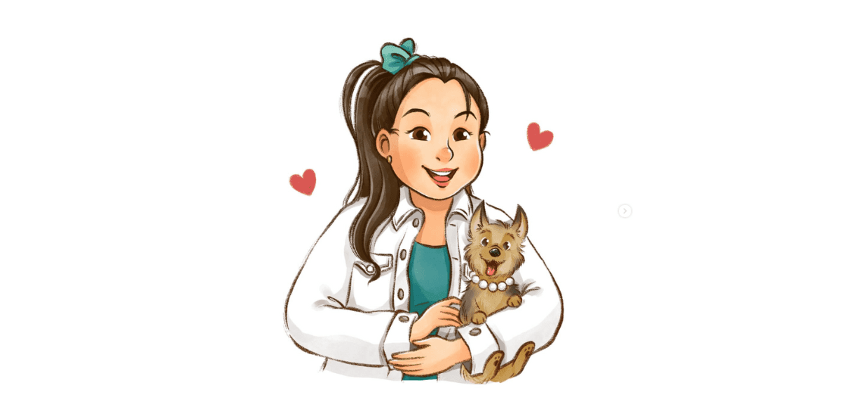 Illustration of a happy girl with a ponytail wearing a white jacket, holding a small dog with a pearl necklace, surrounded by red heart shapes, showcasing a loving connection between them.