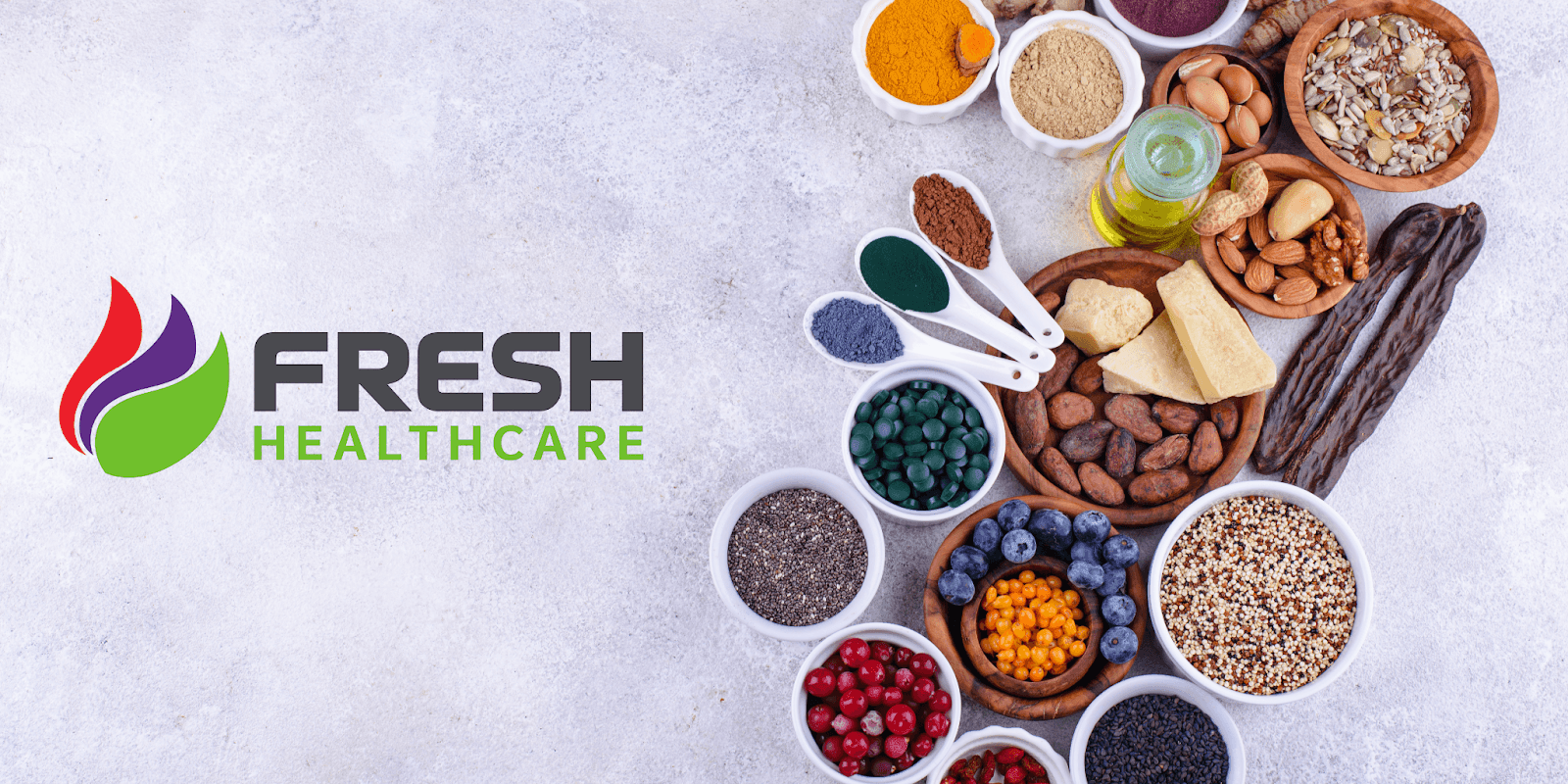 An assortment of natural ingredients, including seeds, herbs, and berries, symbolizing Fresh Healthcare's commitment to holistic wellness.