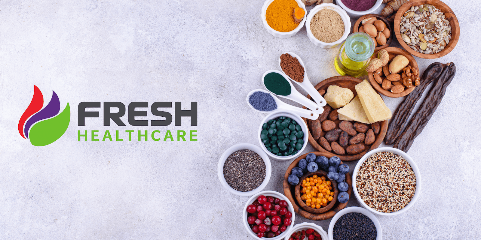 An assortment of natural ingredients, including seeds, herbs, and berries, symbolizing Fresh Healthcare's commitment to holistic wellness.