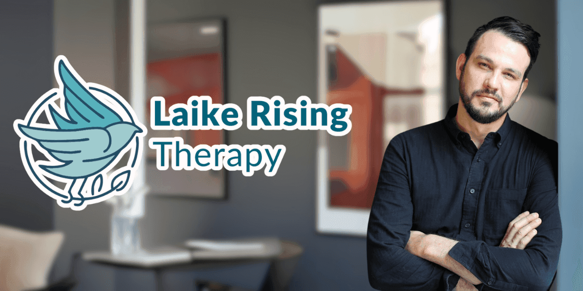 Dr. Richard Mills-Malangone stands beside Laike Rising Therapy logo, representing holistic, trauma-informed relationship and personal growth therapy.