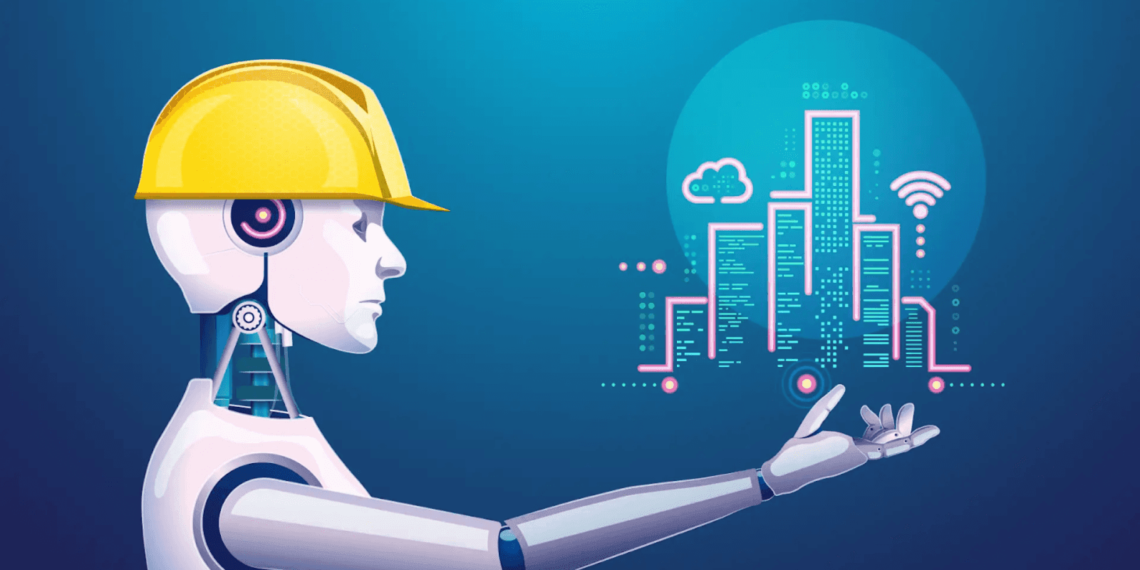 AI-driven construction worker with a hard hat overseeing digital cityscapes, symbolizing automation and the future of construction jobs