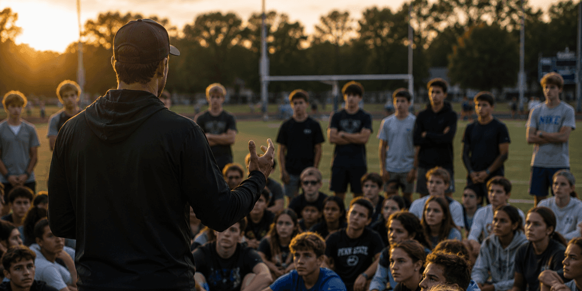 Coach addressing a large group of student athletes on a field at sunset.