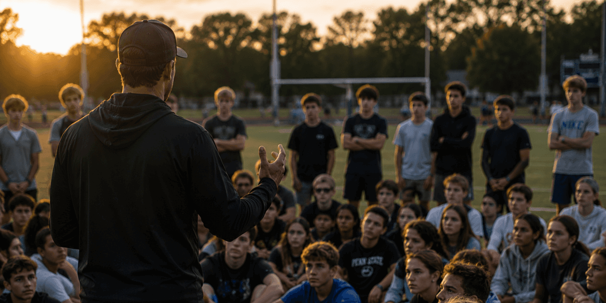 Coach addressing a large group of student athletes on a field at sunset.