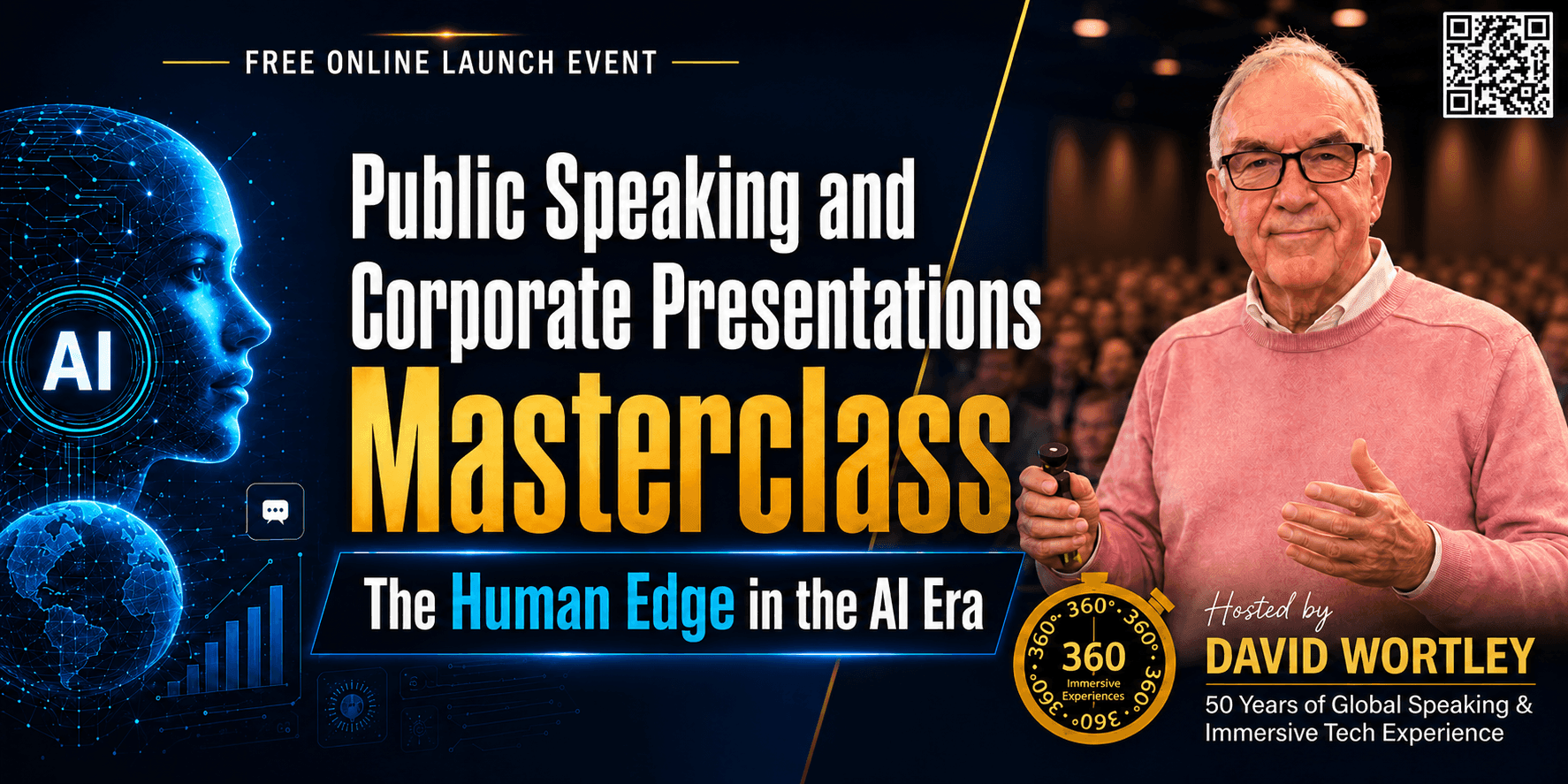 Promotional graphic for David Wortley’s AI-era masterclass on public speaking and human-centred innovation.