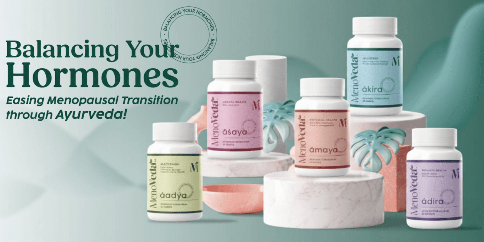 Menoveda's Ayurvedic supplements supporting women through menopause, showcasing products for hormonal balance and emotional well-being.