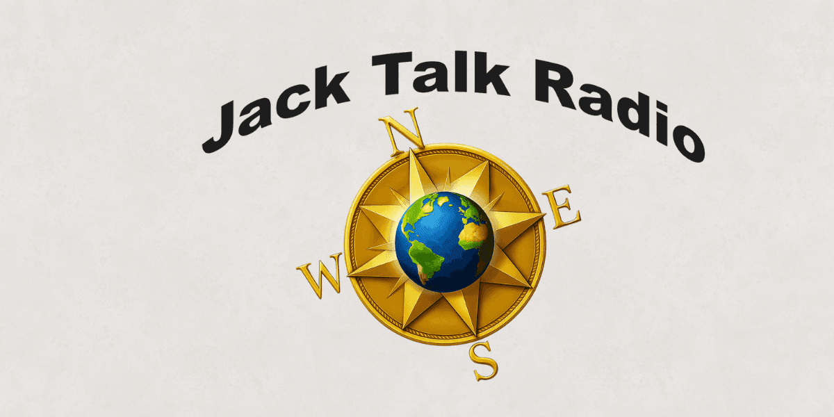 Logo for Jack Talk Radio featuring a globe-centered compass, symbolizing global financial guidance and educational empowerment.
