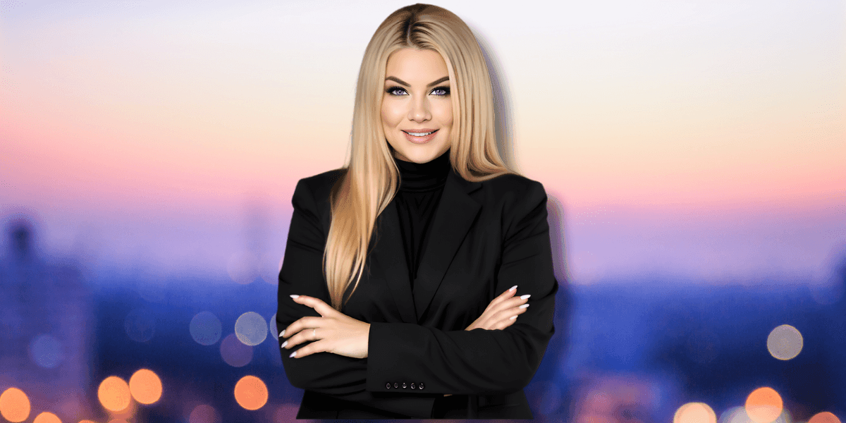 Stoyana Natseva, founder of Happy Life Academy, smiling confidently in a black suit with a city skyline backdrop.