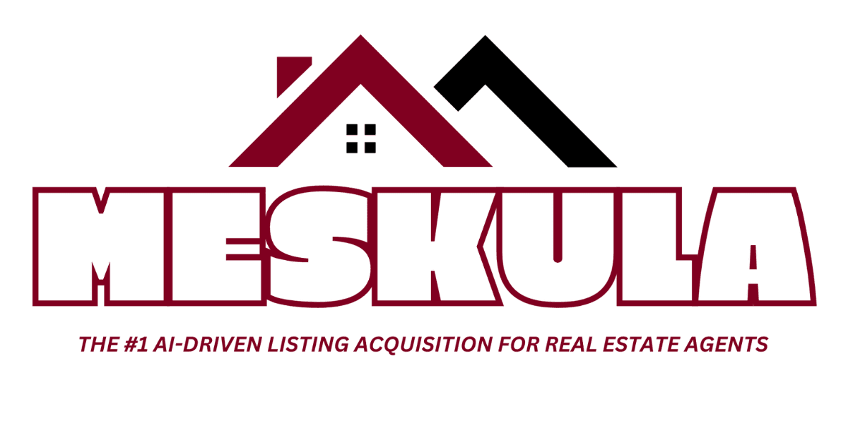 logo for "MESKULA," an AI-driven listing acquisition service for real estate agents. It features the name "MESKULA" in bold letters with a graphic of two rooftops above the text, one red and one black. The slogan "THE #1 AI-DRIVEN LISTING ACQUISITION FOR REAL ESTATE AGENTS" is displayed below the name