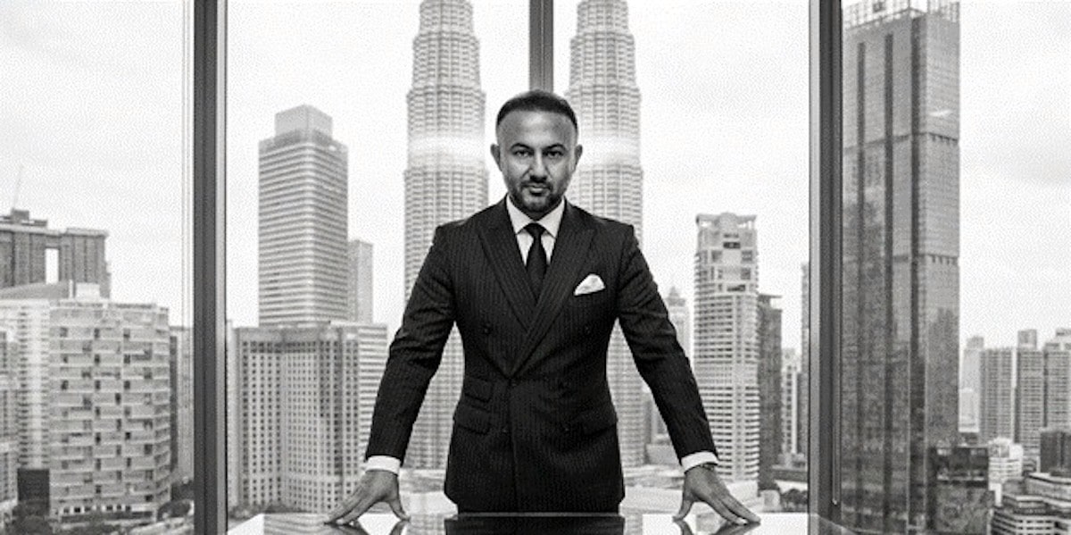 Black-and-white portrait of Yusuf Yaran standing before Kuala Lumpur skyline in modern office.