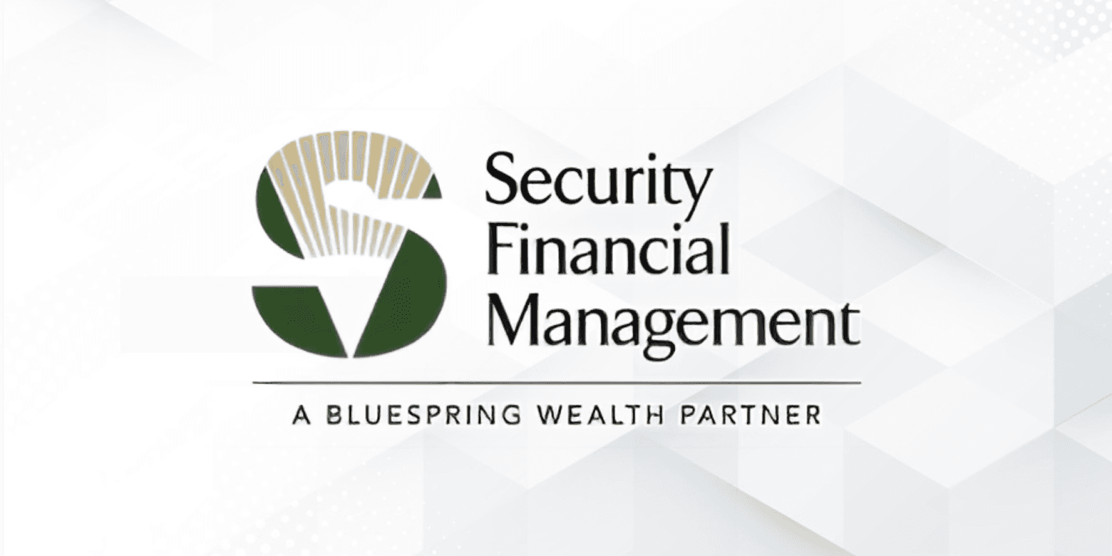 Logo of Security Financial Management, a Bluespring Wealth Partner, with modern geometric background.