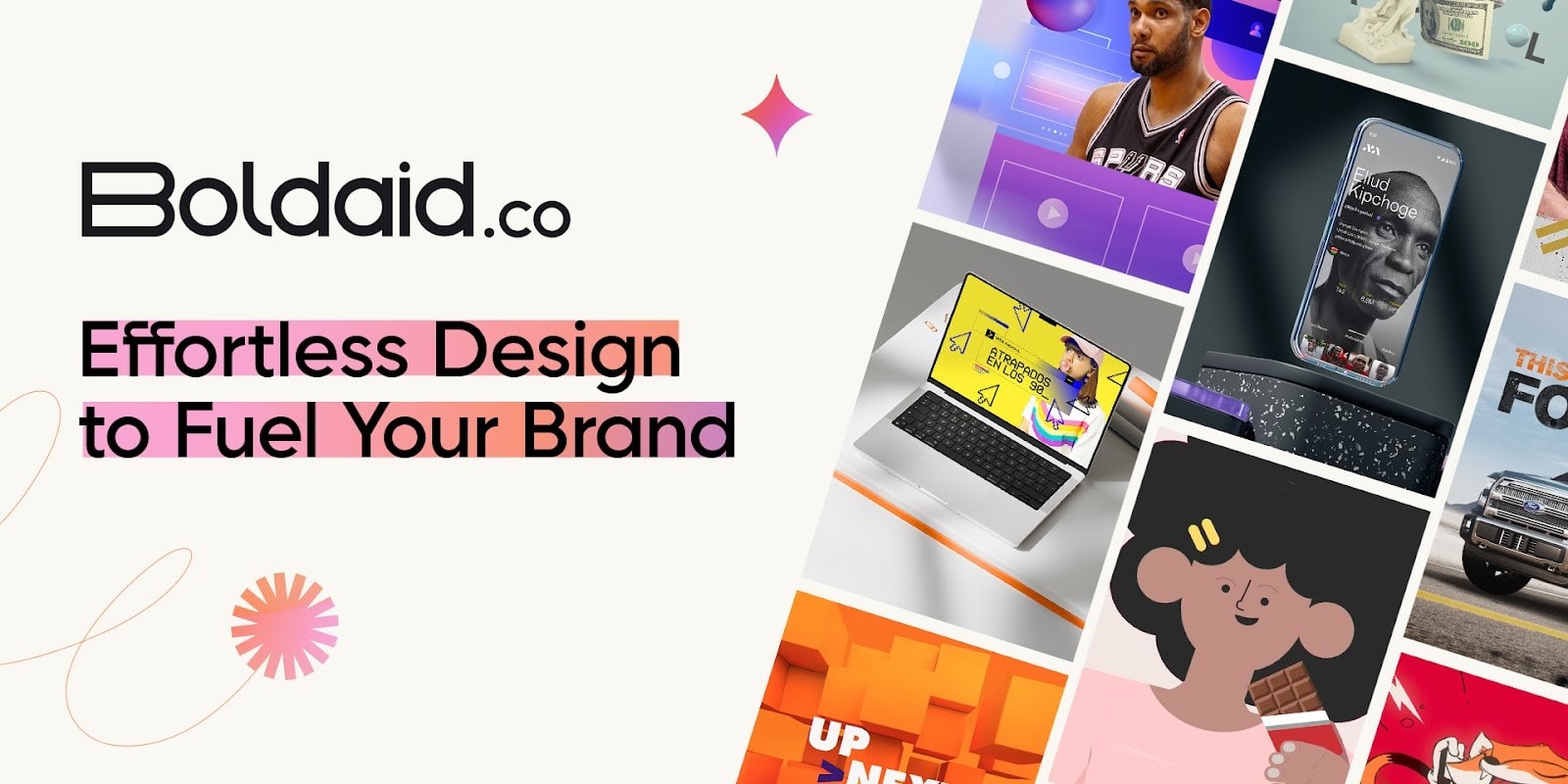 A creative ad featuring BoldAid's design services, showcasing colorful graphics and design work, including a laptop screen, sports figures, and app interfaces for brand building.