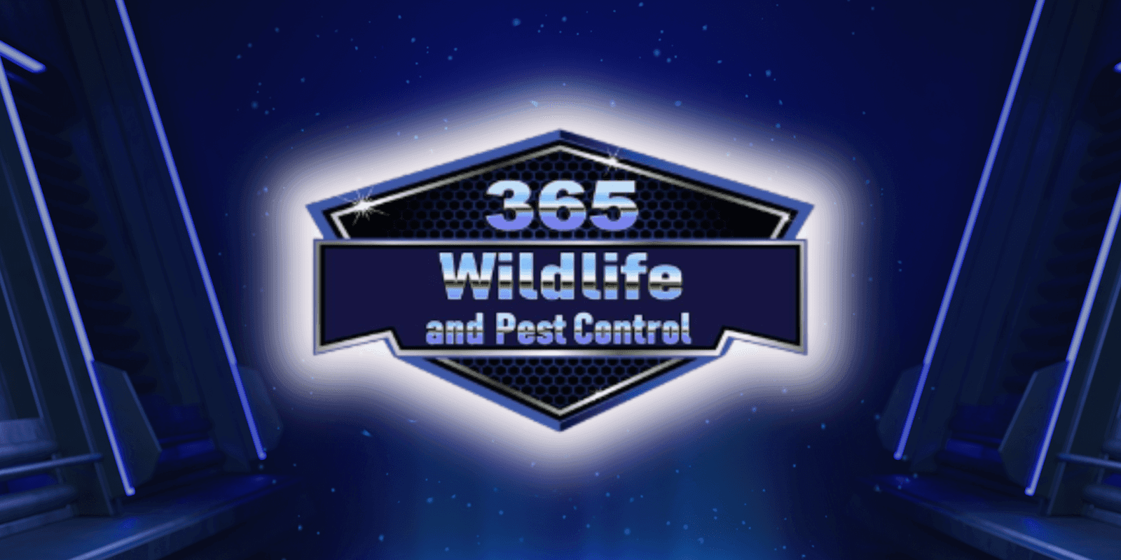 "Logo for 365 Wildlife and Pest Control featuring bold, modern typography on a blue and black background with a starry effect, emphasizing year-round pest and wildlife control services."